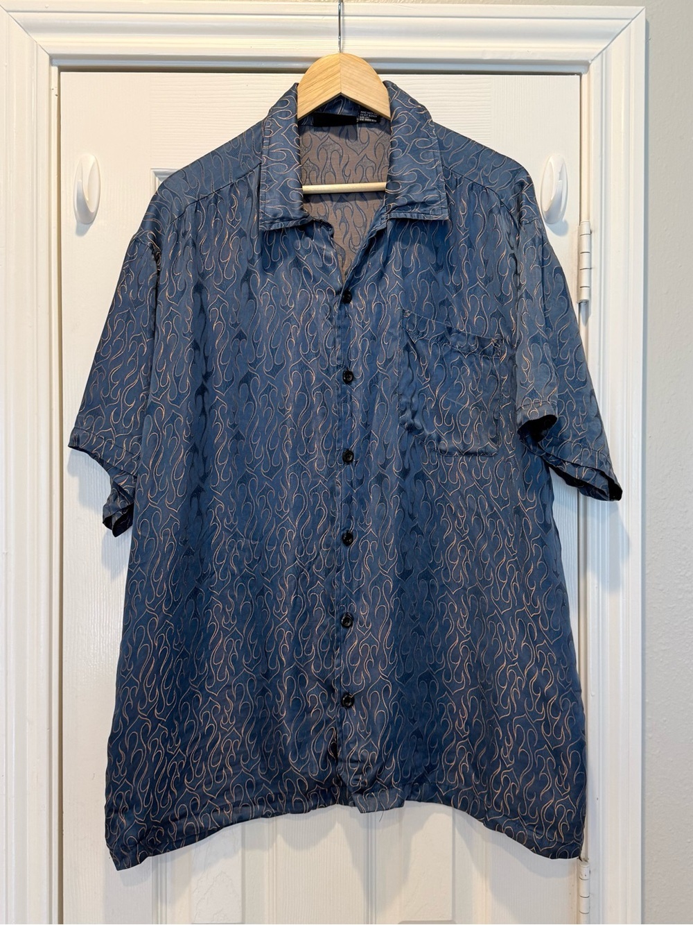 VTG Odo Button Up Shirt Silk Blend Blue Good Flames Satin Men’s XL 90s Y2K Rave